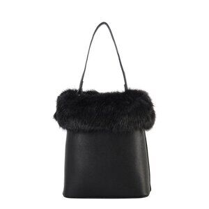 Diophy Women's Top Handle Black Leather Fur Trim Bucket Purse